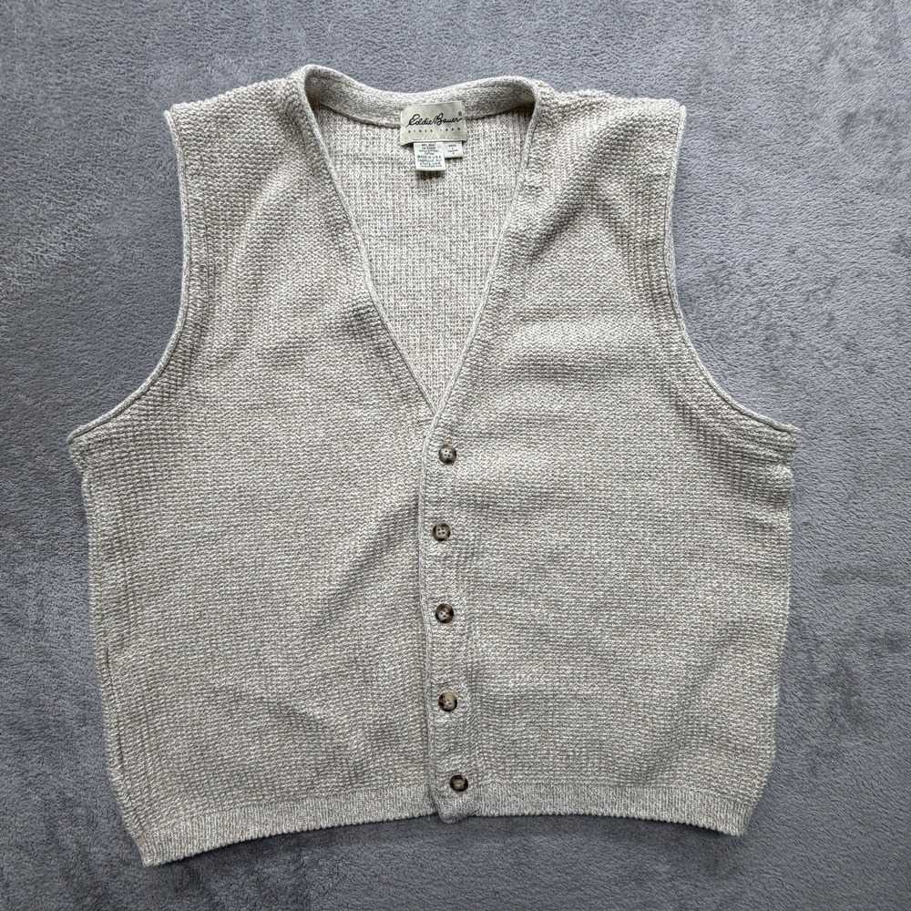 Vintage Eddie‎ Bauer Sweater Vest Mens Large Beige Button Cotton Knit Made USA